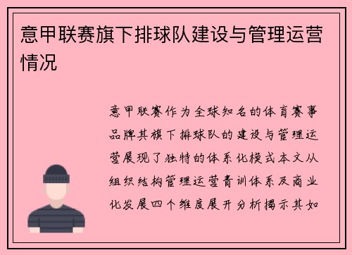 意甲联赛旗下排球队建设与管理运营情况